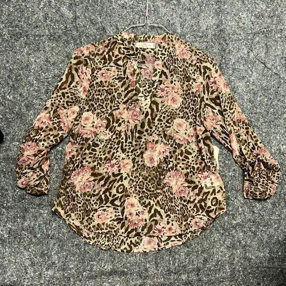 Almost Famous Blouse Shirt Women M Brown Leopard Floral Lightweight Norm Core - Picture 1 of 9